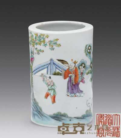 清 粉彩人物笔筒 高14cm